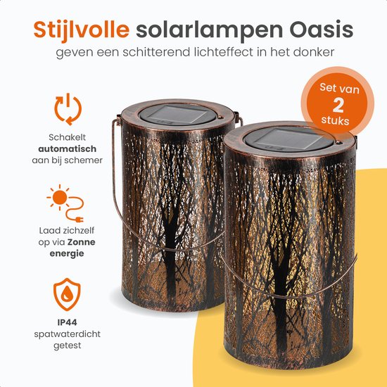 Goliving Lampe de table solaire Oasis - Lampe d'extérieur - 2 pièces - Lanterne d'extérieur - Lampe de jardin solaire - Lampe d'extérieur LED - Lampe à suspension - 20 cm - Métal - Bronze