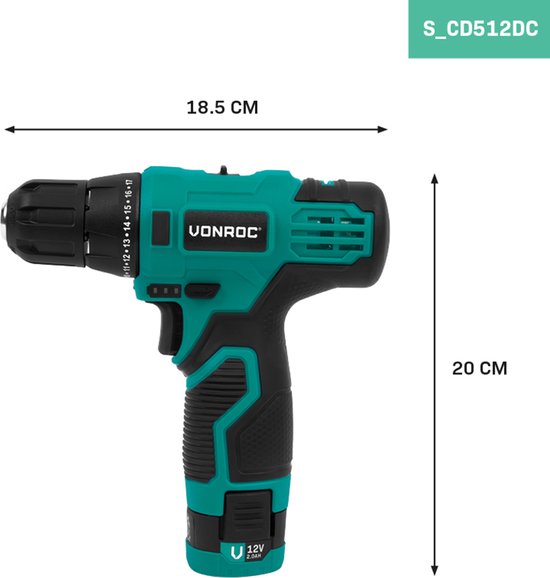 VONROC Perceuse à batterie 12V - Comprend une batterie, un câble USB et un jeu de forets et d'embouts de 16 pièces.