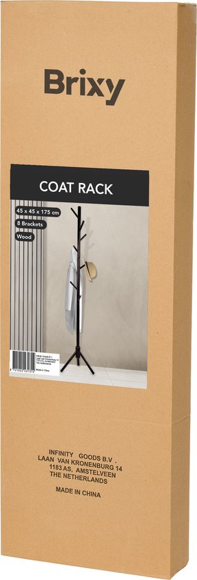 Brixy Porte-manteau - Porte-manteau sur pied - 8 crochets - 175 cm - Porte-manteau en bois - Porte-manteau - Noir