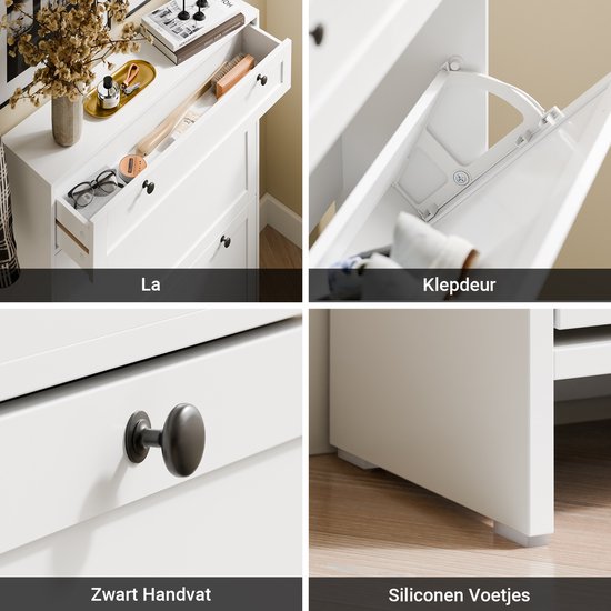 SoBuy - Meuble à chaussures avec 1 tiroir - 80 x 19 x 107 cm & avec 2 portes basculantes - équipé d'un système anti-basculement et de pieds en silicone - pour les couloirs et entrées étroits - Mdf blanc