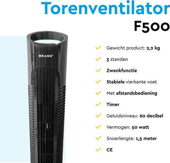 BRASQ Ventilateur de tour F500 - 80 cm de haut - noir - silencieux - avec télécommande - minuterie et mode veille - ventilateur de sol - 50W - pour chambre à coucher et bureau