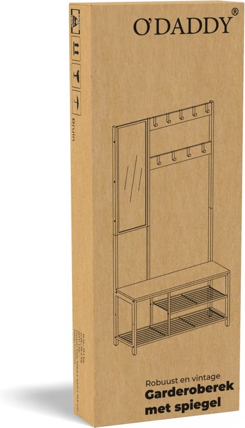 O'DADDY® Clothes Rack With Mirror - Porte-manteau - Shoe Rack - Coat rack upright - Vintage Look - Black and Brown - Shoe Rack - Coat racks