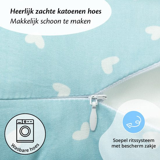 Ella Coussin d'allaitement - Coussin de grossesse - Coussin en soie - Bleu avec des cœurs