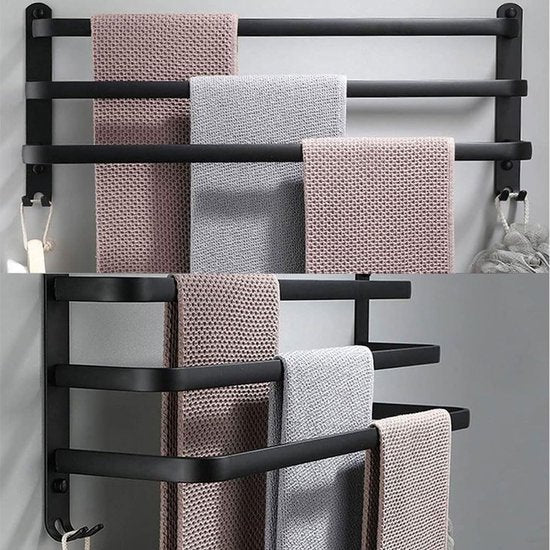 Porte-serviettes de salle de bains, porte-serviettes de cuisine, porte-serviettes mural multicouche, noir avec crochets, porte-serviettes en aluminium - 50 cm, noir, 3 couches