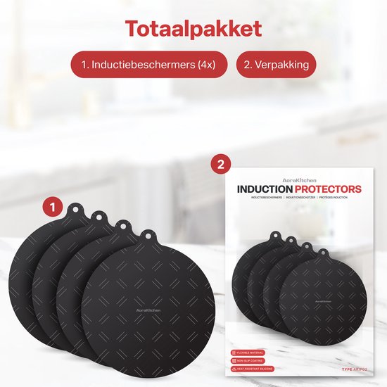 AoraKitchen Protecteur pour induction - 4 pièces - jusqu'à 280°C - Protecteur de plaque chauffante - Dessous de plats - Ø 22cm - Noir