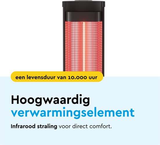 BRASQ Chauffe-terrasse électrique sur pied - 2000 watts - 3 niveaux de chaleur - avec télécommande et minuterie - Chauffage infrarouge - résistant aux éclaboussures - chauffage pour l'intérieur et l'extérieur - Noir