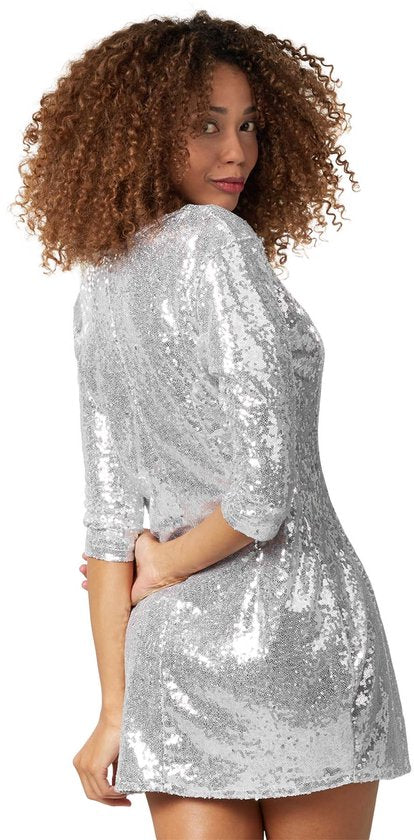 Dressforfun Robe à manches longues en paillettes argent S - Robe de soirée fantaisie costume halloween robe de soirée carnaval costume de soirée carnaval robe de soirée - 303781