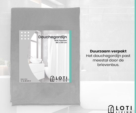 Loti Living Rideau de douche anti-moisissure - Gris - Anneaux inclus - Imperméable - Polyester - Rideau de douche 180x200 cm