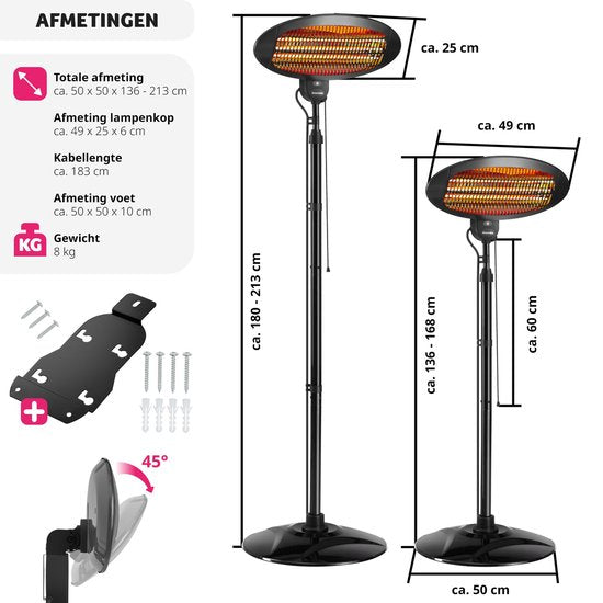 tectake® - Chauffage infrarouge - Chauffage avec support ou fixation murale - Lampe chauffante pour table à langer - Chauffage pour salle de bain - Chauffage infrarouge pour terrasse - Chauffage électrique - 2000W - 3 niveaux