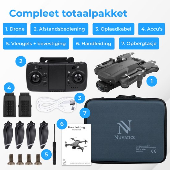 Drone avec caméra et GPS, Nuvance, Mini caméra 1080p, Extérieur / intérieur, Sac de rangement, 2 batteries
