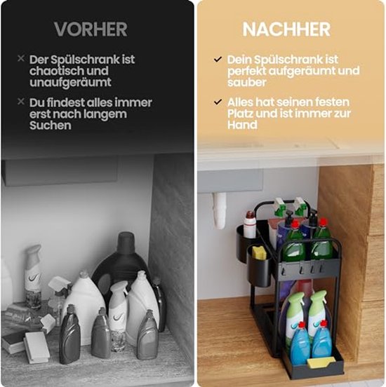 HELDENWERK - Rangement pour évier et cuisine - 2 pièces - plastique ABS noir - coulissant à 2 niveaux - pour cuisine et salle de bain - avec crochets et plateaux - espace de rangement maximal
