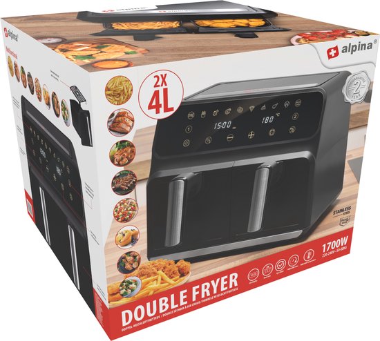 alpina Double Airfryer XL 8L - Friteuse à air chaud pour 4 à 8 personnes - Capacité 2x4L - Affichage digital - Friteuse à air 1700 W - Fonction Sync Finish - Noir