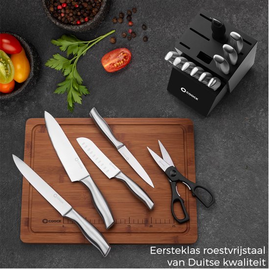 COOCK - Set de couteaux avec bloc et planche à découper pliante - Couteaux de cuisine avec ciseaux et acier d'affûtage (aiguiseur de couteaux) - Set d'ustensiles de cuisine 17 pièces dans un bloc à couteaux - Avec revêtement résistant aux rayures - Entièr
