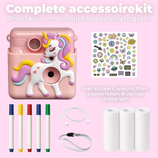 Denver Kids' Camera Full HD with Printer - Selfie Camera - 20MP - Digital Camera Kids - Photo - Video - Games - KPC1363 Pink