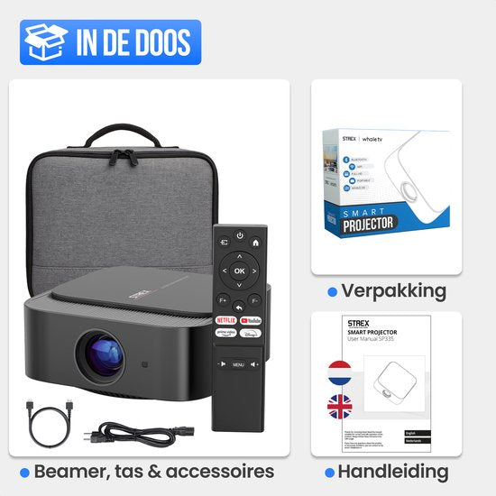 Strex Beamer - Projecteur Smart 1080P Full HD - Support 4K - WiFi & Bluetooth - Haut-parleurs intégrés - Mini Beamer Portable Home Cinema - WhaleOS - Sac de rangement inclus