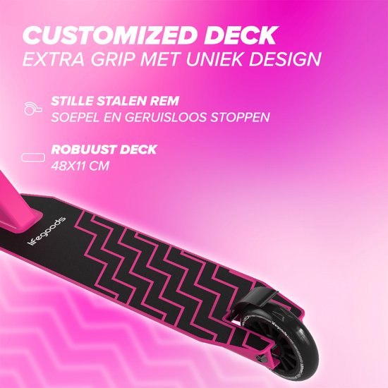 LifeGoods Stuntstep Fly X - 6+ Years - Marchepied pour enfants - Garçons/Filles - 100mm - 100KG - Noir/Rose