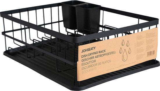 JOHSEATY porte-vaisselle métal noir mat (42x31.5x15.5cm) panier à vaisselle pour plan de travail avec porte-couverts et égouttoir en plastique pour étagère