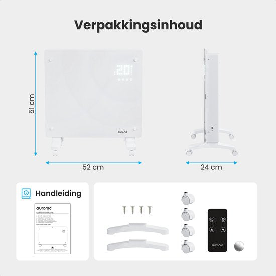 Chauffage électrique Auronic - convecteur avec thermostat et télécommande - panneau en verre - 1000W - Blanc