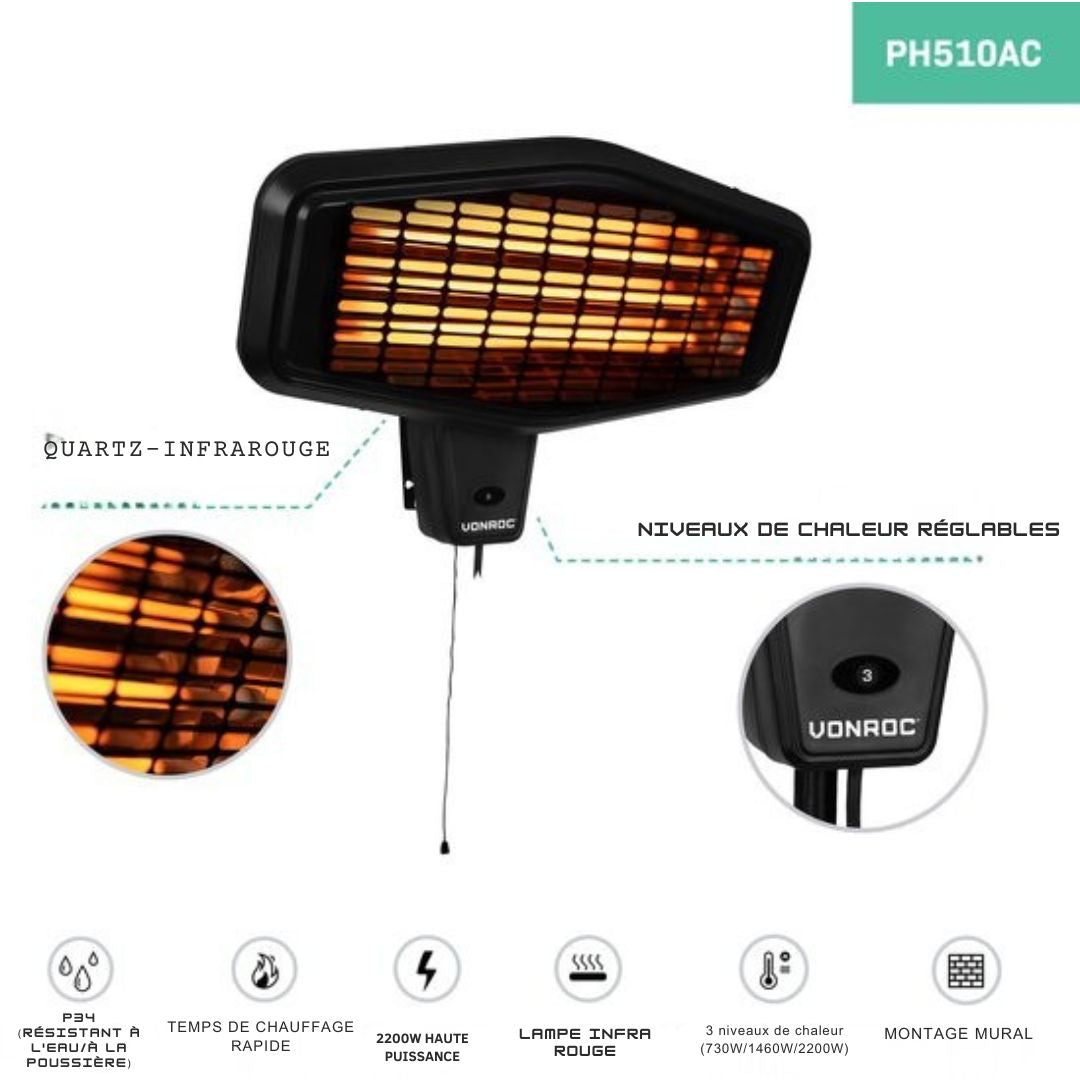 Chauffage de terrasse atmosphérique - VONROC - Amiata 2200W - Lampe infrarouge puissante - 3 niveaux de chaleur - Pour montage mural - noir