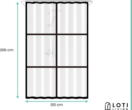 Loti Living Rideau de douche anti-moisissure - Noir transparent mat - Anneaux inclus - Imperméable - PEVA - Rideau de douche 120x200 cm