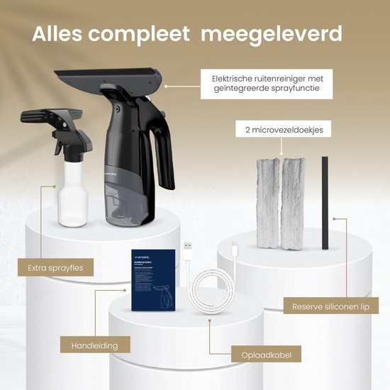 Vapore Electric Window Cleaner - Incl. Soaper - Window Wiper with Built-in Spray Function - Window Washer - Window Squeegee - Window Vacuum Cleaner - Incl. Microfiber Cloth - Black