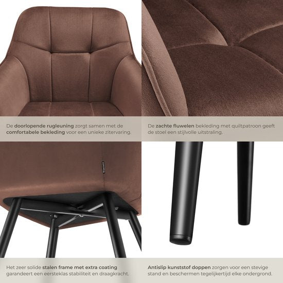 tectake® Dining Chair Marilyn - Chaise tapissée aspect velours - motif de couture - pieds de chaise noirs - chaise de cuisine ergonomique - avec dossier et accoudoirs continus - chaise pour salon, salle à manger, chambre à coucher - marron