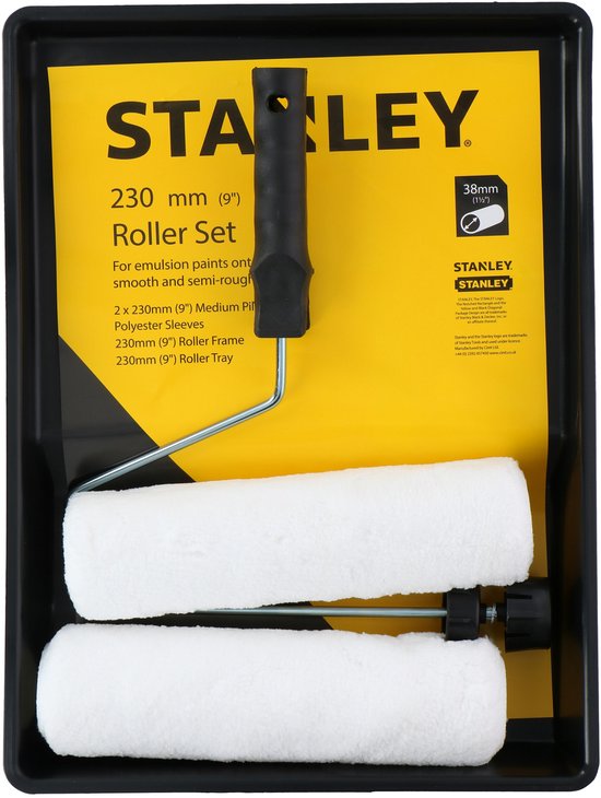 STANLEY Paint Roller Set - 2 rouleaux en polyester - 230 mm - 1 bac à peinture - 1 support avec bouchon