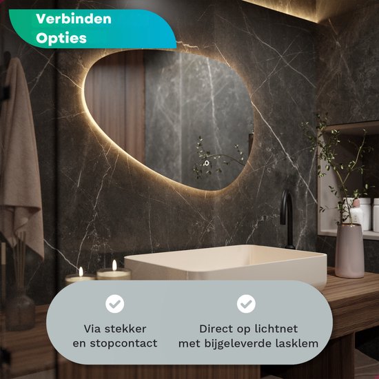 Mirlux Miroir de salle de bain avec éclairage LED - Miroir mural asymétrique - Forme organique - Miroir de douche anti-condensation - Miroir mural 90x60CM