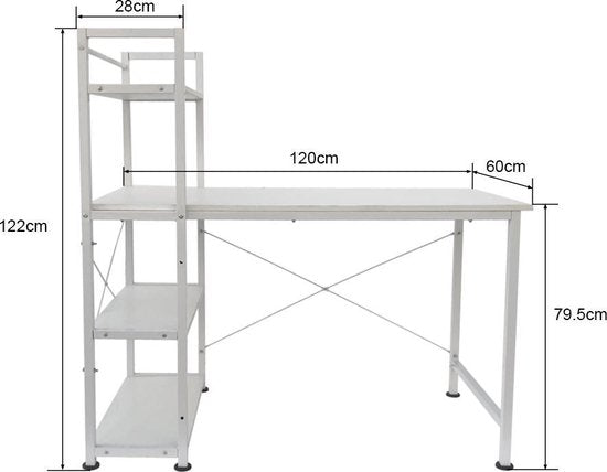 Bureau table informatique Stoer - 3 étagères de rangement - moderne industriel blanc - métal bois