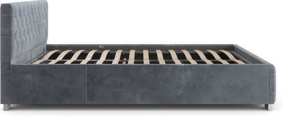 Juskys - Lit Nizza - 140 x 200 cm - Gris & Velours - Avec éclairage LED et tiroir de lit - Design moderne - Sommier à lattes inclus