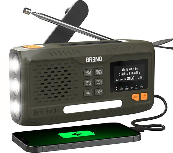 BREND BR-2244 Radio d'urgence avec DAB et FM - Haut-parleur Bluetooth - Alarme SOS - Powerbank - Torche LED - USB-C - Rechargeable avec panneau solaire et manivelle