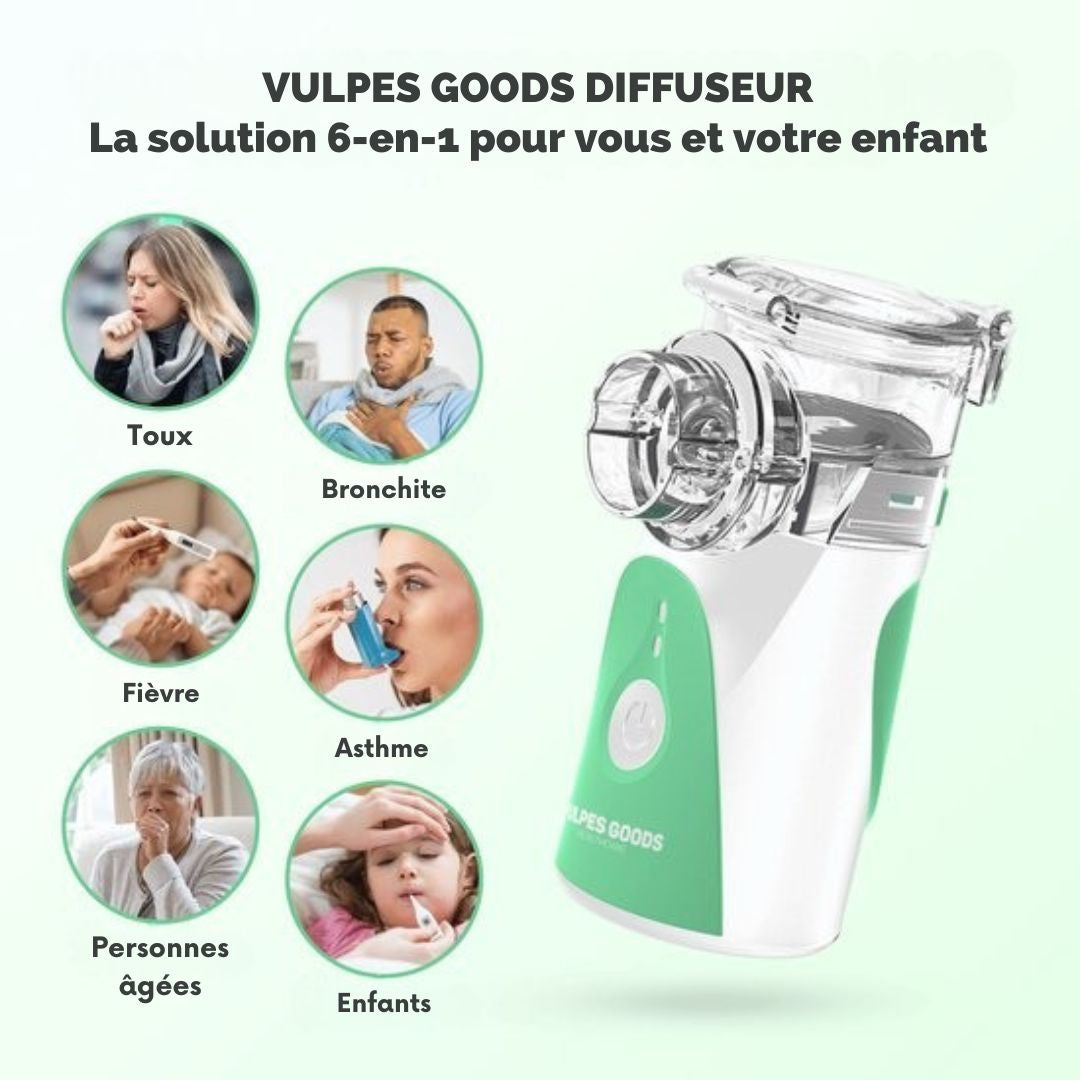 Nébuliseur ultrasonique - Vulpes Goods® HealthCare - Dispositif d'aérosol - pour les enfants, les adultes et les bébés - Aide à lutter contre les maladies respiratoires - 3 buses et sac de voyage de luxe inclus - blanc