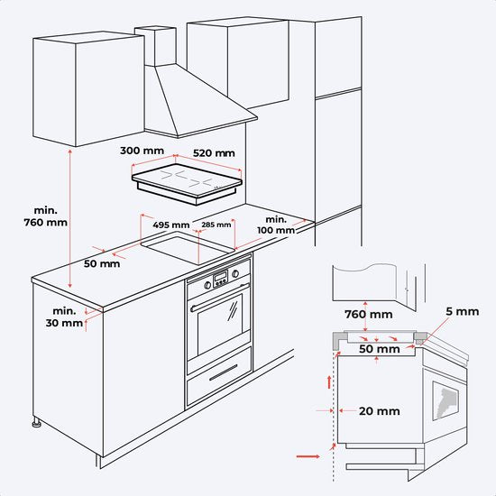 KitchenBrothers Table de cuisson à induction - Table de cuisson à induction encastrable - 30 cm - 2 zones - 1 phase - jusqu'à 3300W - noir
