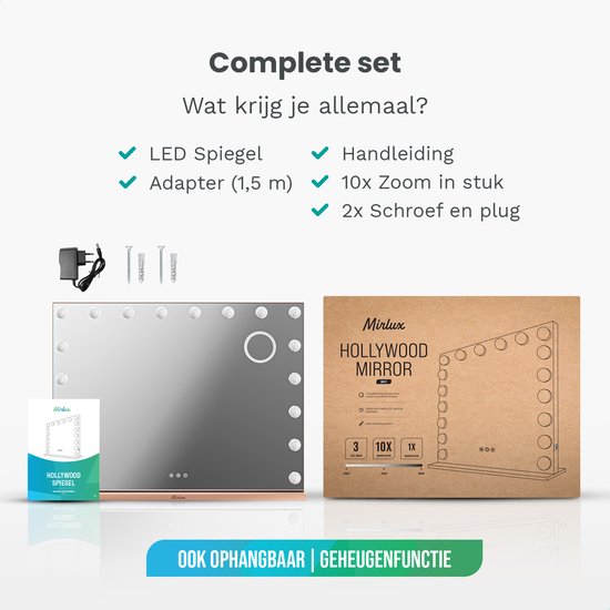 Mirlux Hollywood Mirror 80x60CM - 2 haut-parleurs Bluetooth - ports de charge USB et USB-C - éclairage LED - miroir de maquillage - zoom 10x - suspendu - or rose