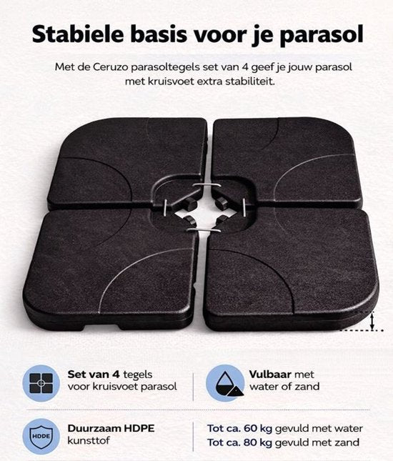 Ceruzo Parasol Tiles Set of 4 - Remplissable avec de l'eau ou du sable - Jusqu'à 80 kg - Pour Cross Base