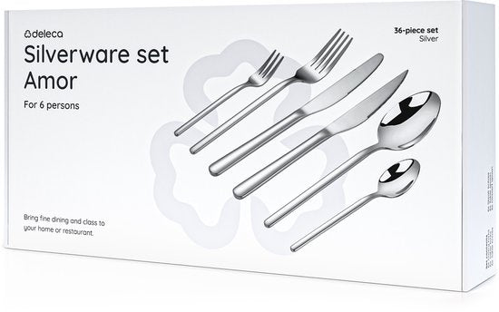Deleca 6 Person Luxury Stainless Steel Cutlery Set Amor (36 pieces) - Spoons, Knives, Forks, Steak Knives & Pastry Forks - Lave-vaisselle - Silver Design Cutlery - 18/0 Stainless Steel