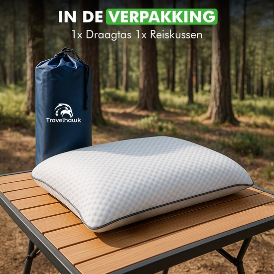 Travelhawk Oreiller de voyage - Oreiller de camping - Oreiller de cou - Mini oreiller - Mousse à mémoire de forme - Sac de rangement inclus - Compact et respirant - 55x36x11cm