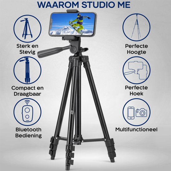 Studio ME Phone Tripod - 128 cm - Trépied Smartphone - Noir - Trépied pour appareil photo - Support pour téléphone - Télécommande Bluetooth incluse - Trépied Téléphone