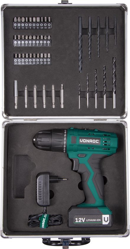 VONROC Perceuse sans fil - 12V Li-Ion - Avec mallette de rangement en aluminium, 46 accessoires, 1x batterie et chargeur