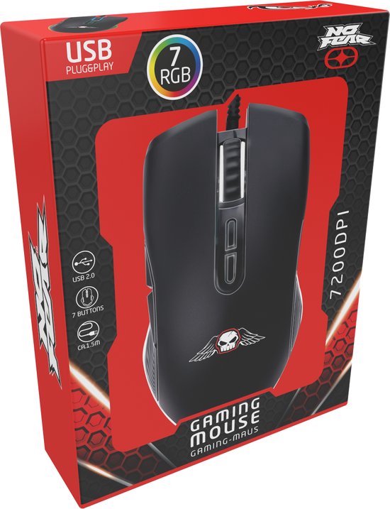 No Fear Gaming Mouse - 7200dpi - Souris RGB avec illumination LED - Câble 1.5M - Connexion USB 2.0 - Noir