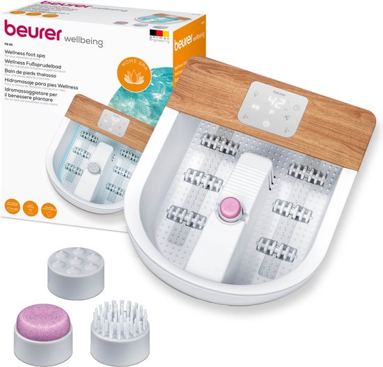 Beurer FB 65 Bain de pieds électrique - Massage des pieds - Massage par vibrations et bulles - Aromathérapie - Infrarouge - Eclairage d'ambiance LED - Chauffage - Champs magnétiques - Rouleaux réflexes pour les pieds - 3 accessoires de pédicure - Jusqu'à