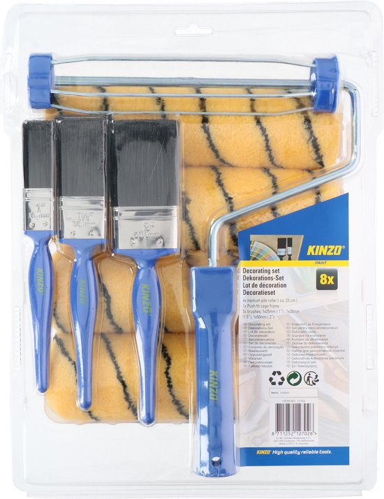 Kinzo 8-piece Paint Roller Set - 1 Bracket - 4 Rollers - 3 Brushes