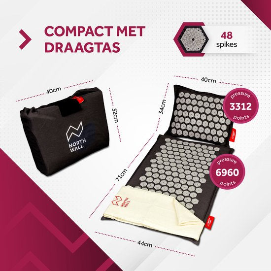 Northwall Nail Mat avec oreiller et sac de transport - Matelas d'acupression avec oreiller pour les ongles - Lit pour les ongles - Acupuncture - Méditation - Massage Shakti - Noir