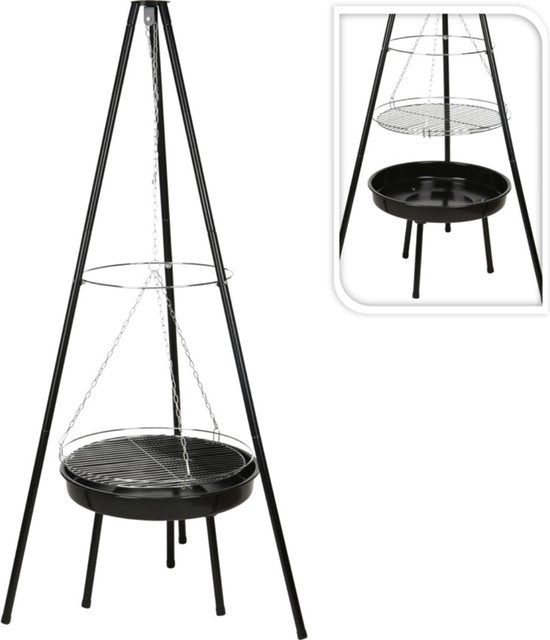 Trépied BBQ avec bol à feu - grille incluse - noir - Ø52 cm