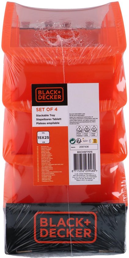 BLACK+DECKER Bacs de rangement empilables - 4 pièces - Idéal pour les outils, le maquillage et l'organisation du bureau - 15 x 24 CM - Plastique - Orange