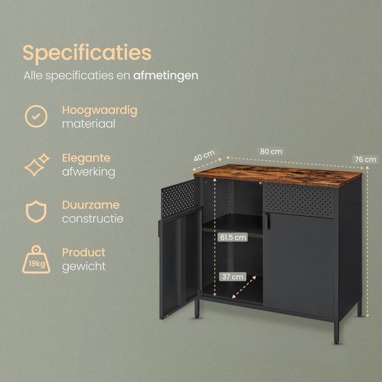 O'DADDY® Meuble de rangement en métal avec portes - Meuble TV - Nombreux rangements et flexibilité - Meuble TV - Buffet - Meuble de rangement intérieur - 80 cm - Noir/Marron vintage