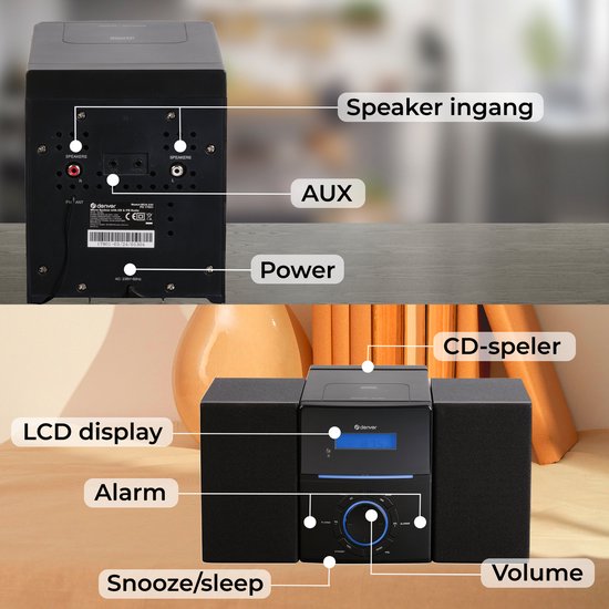 Chaîne HiFi Compacte – CD, Radio FM, Réveil & Entrée AUX – Noir | Denver