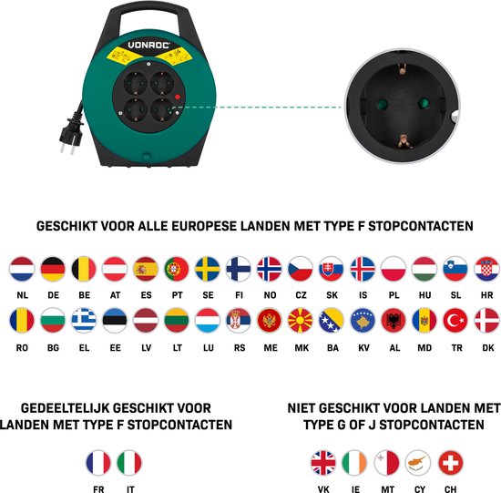 VONROC Enrouleur de câble 10m - IP20 - Câble PVC H05VV-F 3G1.5mm² - 4 prises Schuko mises à la terre - 3200W (déroulé)/1100W (enroulé) - Protection thermique
