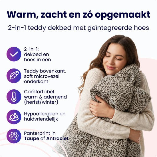 Soulsnooze Teddy Duvet Panther Taupe 240×220 - Couette 2-en-1 sans housse - Couette lavable sans housse - Couverture - Couvre-lit - Fluffy Plaid