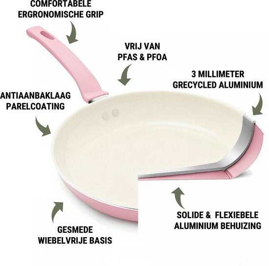 COOCK Casserole à induction - 3100ml - Revêtement spécial antiadhésif - Poignées ergonomiques à froid - Aluminium recyclé - Rose/Blanc - Livre électronique inclus